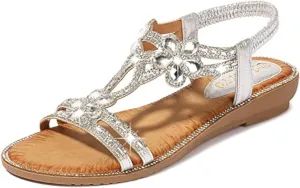 ICEGIA Women's Flat Sandals Summer Beach Sandal T-Strap Rhinestone Beaded Bohemia Shoes