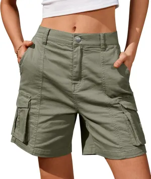 IVIR Bermuda Cargo Shorts for Women Knee Length 6 Pockets Elastic Waist Long Shorts for Summer Casual
