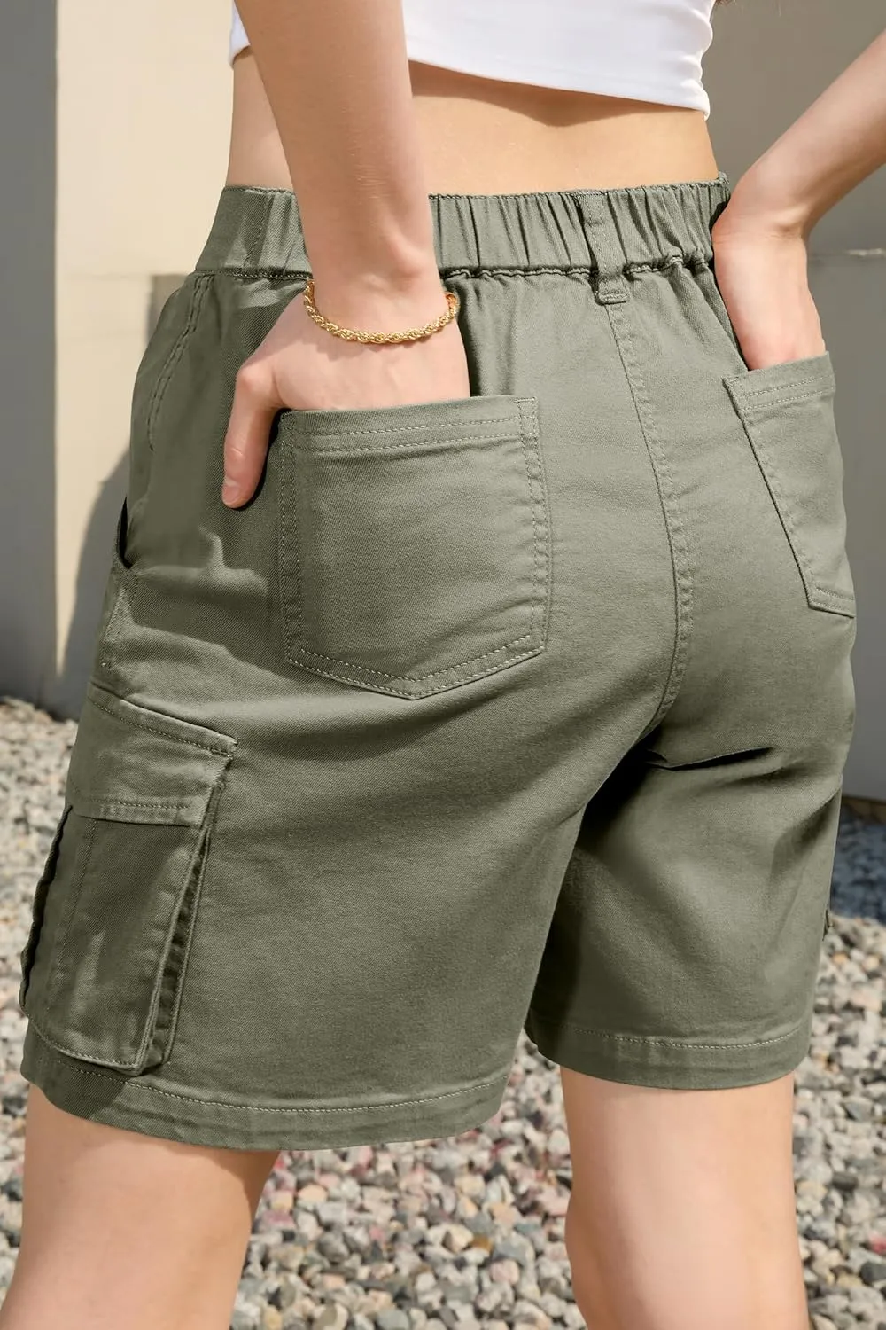 IVIR Bermuda Cargo Shorts for Women Knee Length 6 Pockets Elastic Waist Long Shorts for Summer Casual