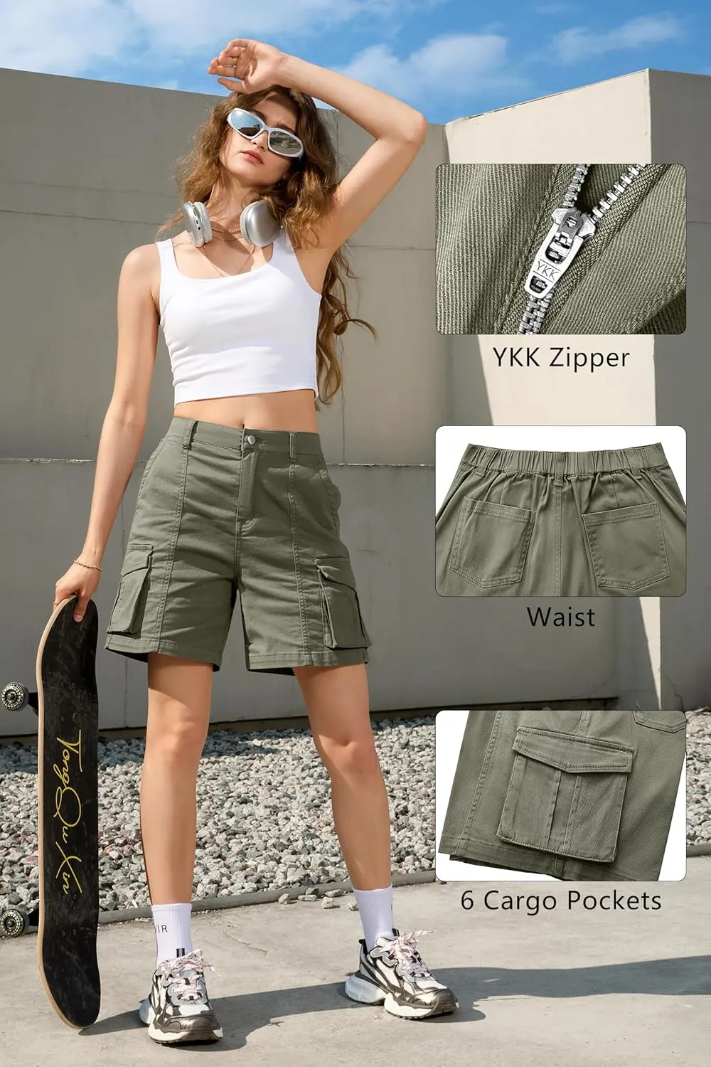 IVIR Bermuda Cargo Shorts for Women Knee Length 6 Pockets Elastic Waist Long Shorts for Summer Casual
