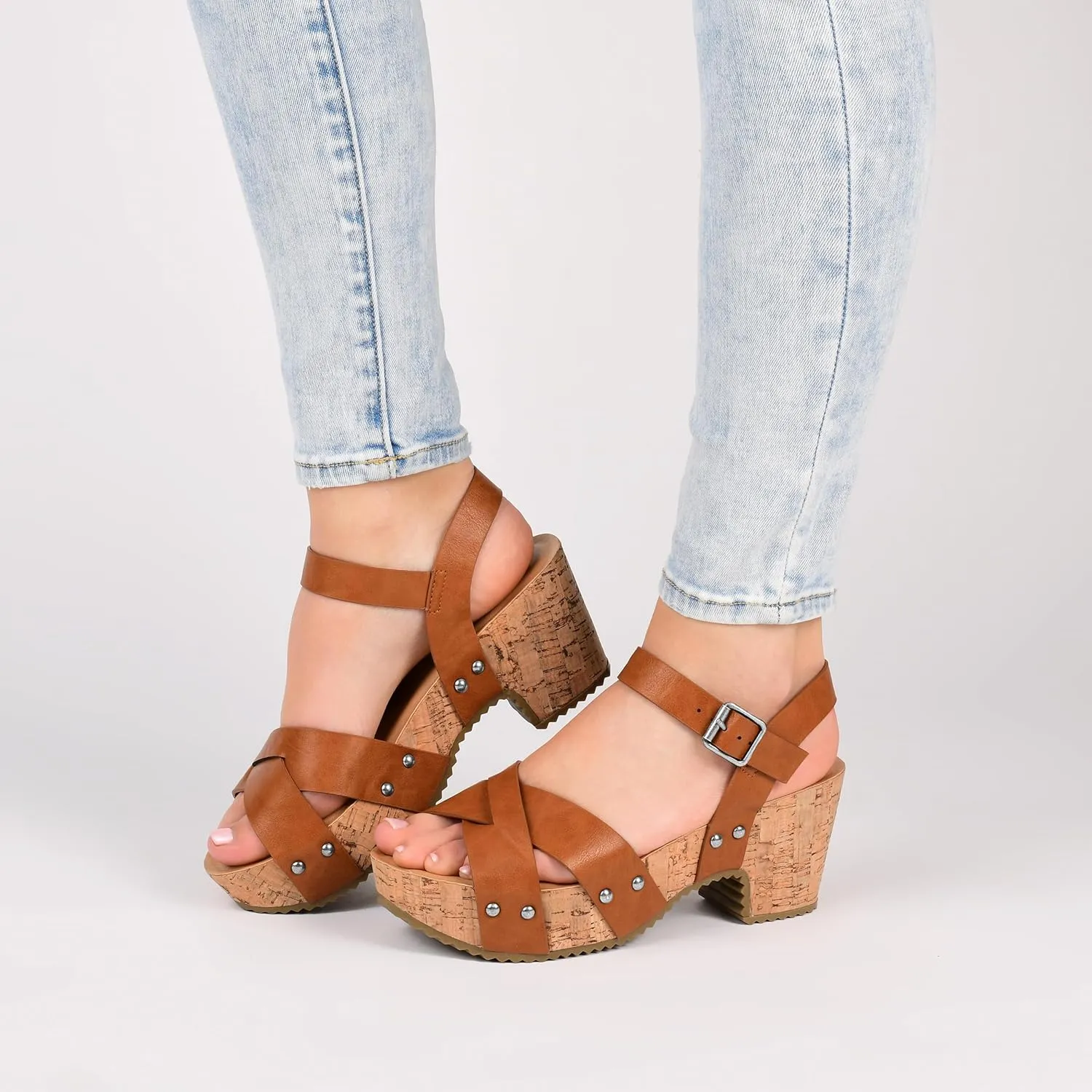 Journee Womens Crisscross Studded Chunky Block Cork Heel Buckle Ankle Strap Open Round Toe Valentina Platform