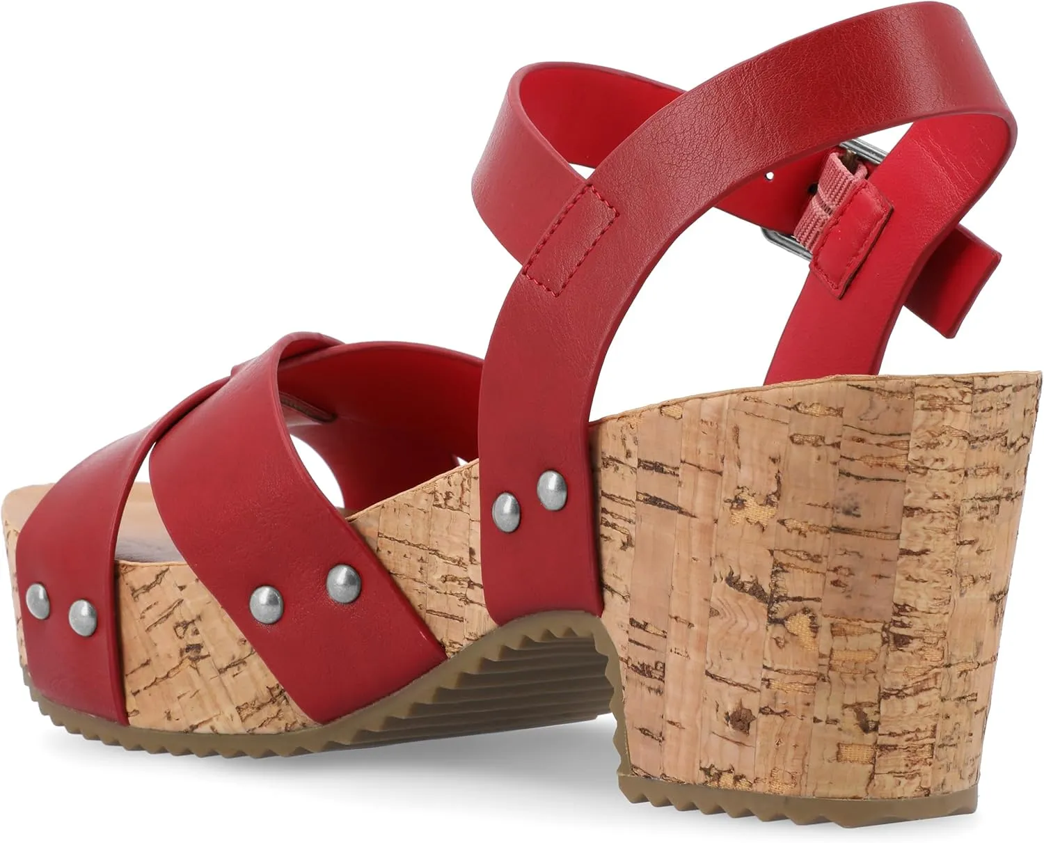 Journee Womens Crisscross Studded Chunky Block Cork Heel Buckle Ankle Strap Open Round Toe Valentina Platform