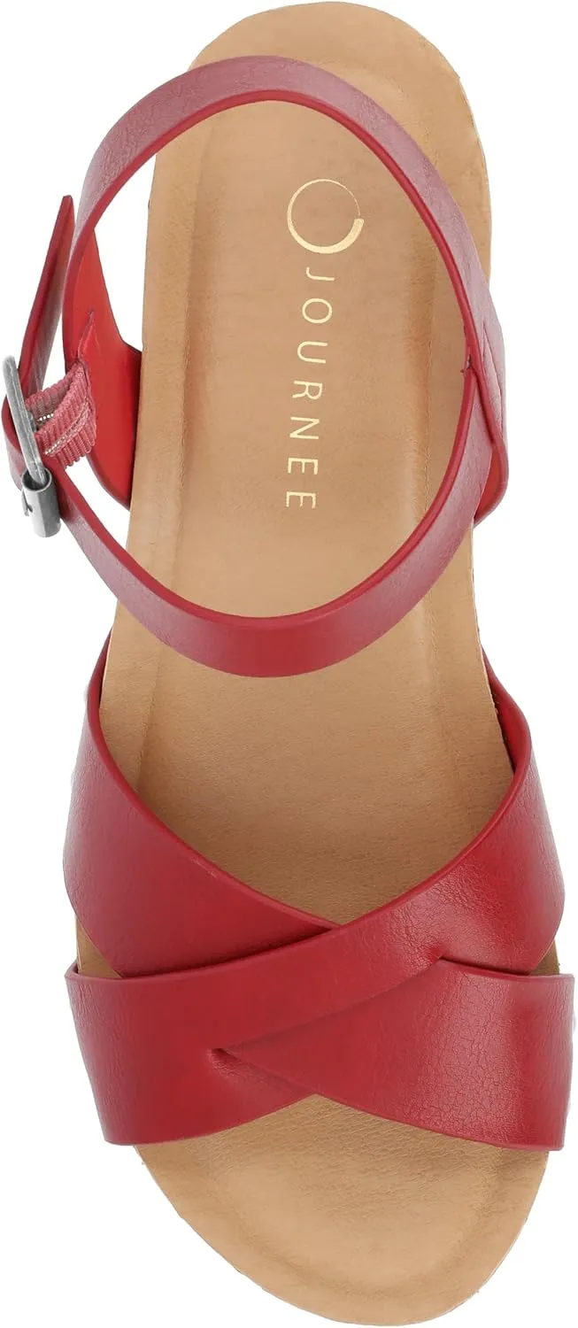 Journee Womens Crisscross Studded Chunky Block Cork Heel Buckle Ankle Strap Open Round Toe Valentina Platform