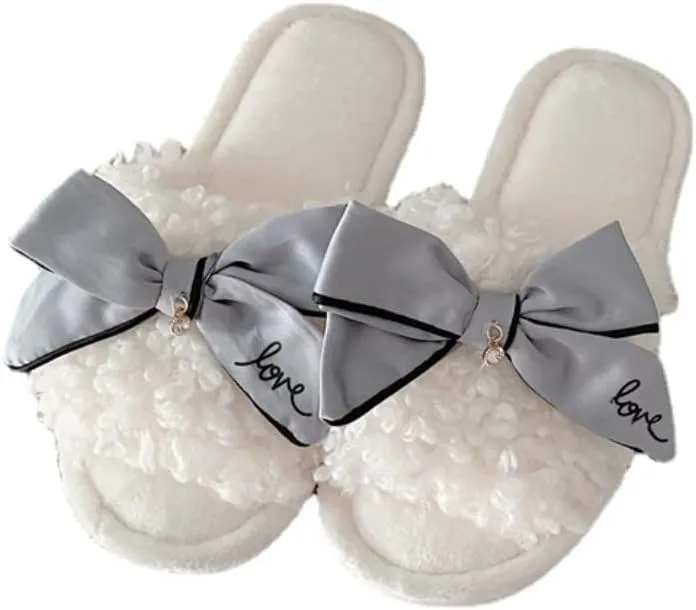 Kawaii Open Toe Slippers Women's Soft Bow Tie Fluffy Cozy House Shoes Sandals Fur Warm Comfy Slip On Slide Slippers (9,Gray)