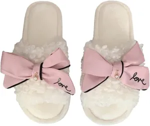 Kawaii Open Toe Slippers Women's Soft Bow Tie Fluffy Cozy House Shoes Sandals Fur Warm Comfy Slip On Slide Slippers (9,Pink)