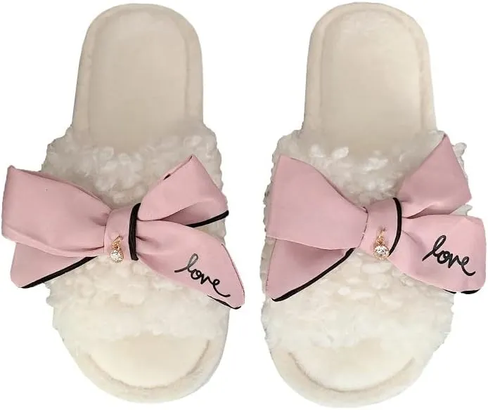 Kawaii Open Toe Slippers Women's Soft Bow Tie Fluffy Cozy House Shoes Sandals Fur Warm Comfy Slip On Slide Slippers (9,Pink)