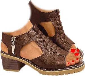Keilani Sandals - Keilani Peep Toe Cutout Zipper Chunky Heeled Sandals, Orthotic Shoes, Peep Toe Sandal for Women