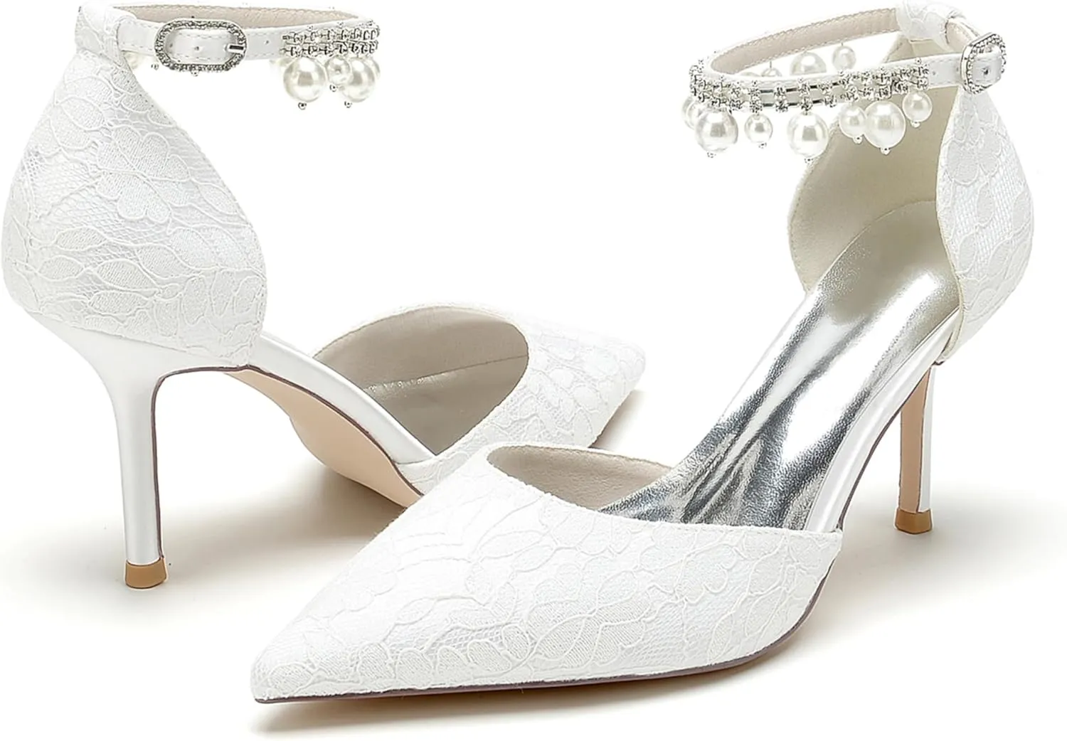 Lace Pearl Wedding Shoes for Bride Pointed Toe Ankle Buckle Strap Bridesmaid High Heels Women Bridal Party Pumps 8.5Cm
