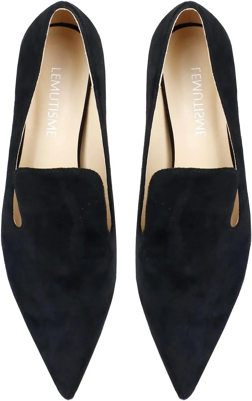 LEMUTISME Women's Stylish Pointed Toe 2 Inches Comfort Slip On Low Kitten Heel Dress Loafer Pumps for Work Office Business