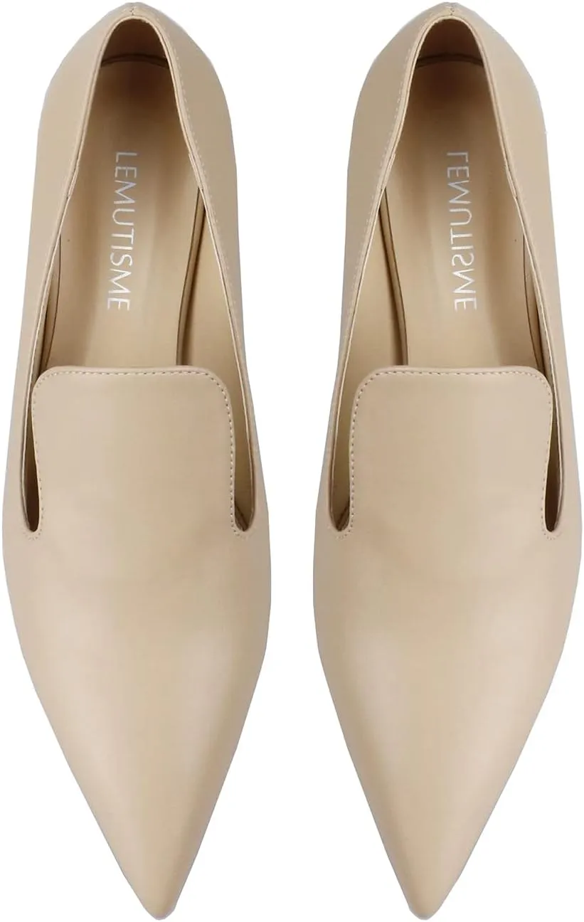 LEMUTISME Women's Stylish Pointed Toe 2 Inches Comfort Slip On Low Kitten Heel Dress Loafer Pumps for Work Office Business
