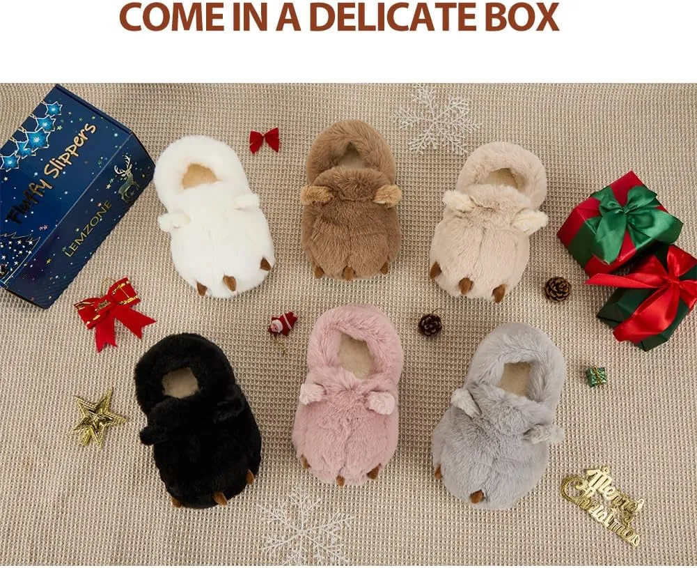 LEMZONE Fuzzy Animal Slippers for Women Cute Warm Furry Bear Paw Funny House Slippers with Non-skid Bottoms