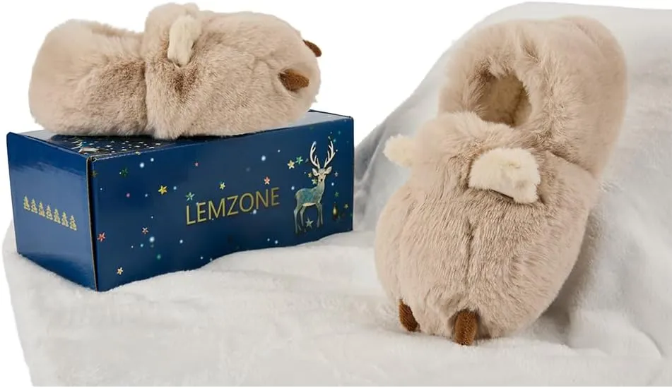 LEMZONE Fuzzy Animal Slippers for Women Cute Warm Furry Bear Paw Funny House Slippers with Non-skid Bottoms