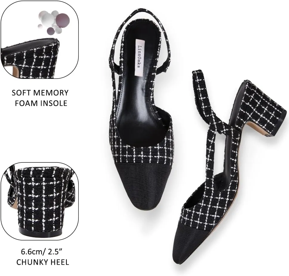 LinnOaks Slingback Heels for Women Round Closed Toe Pumps Two Tone Chunky Mid Heel Wedding Party Dress Shoes Ladies Fashion Patchwork Mary Jane Heels Multicolor Classic Comfy Tweed Heels Office Shoes