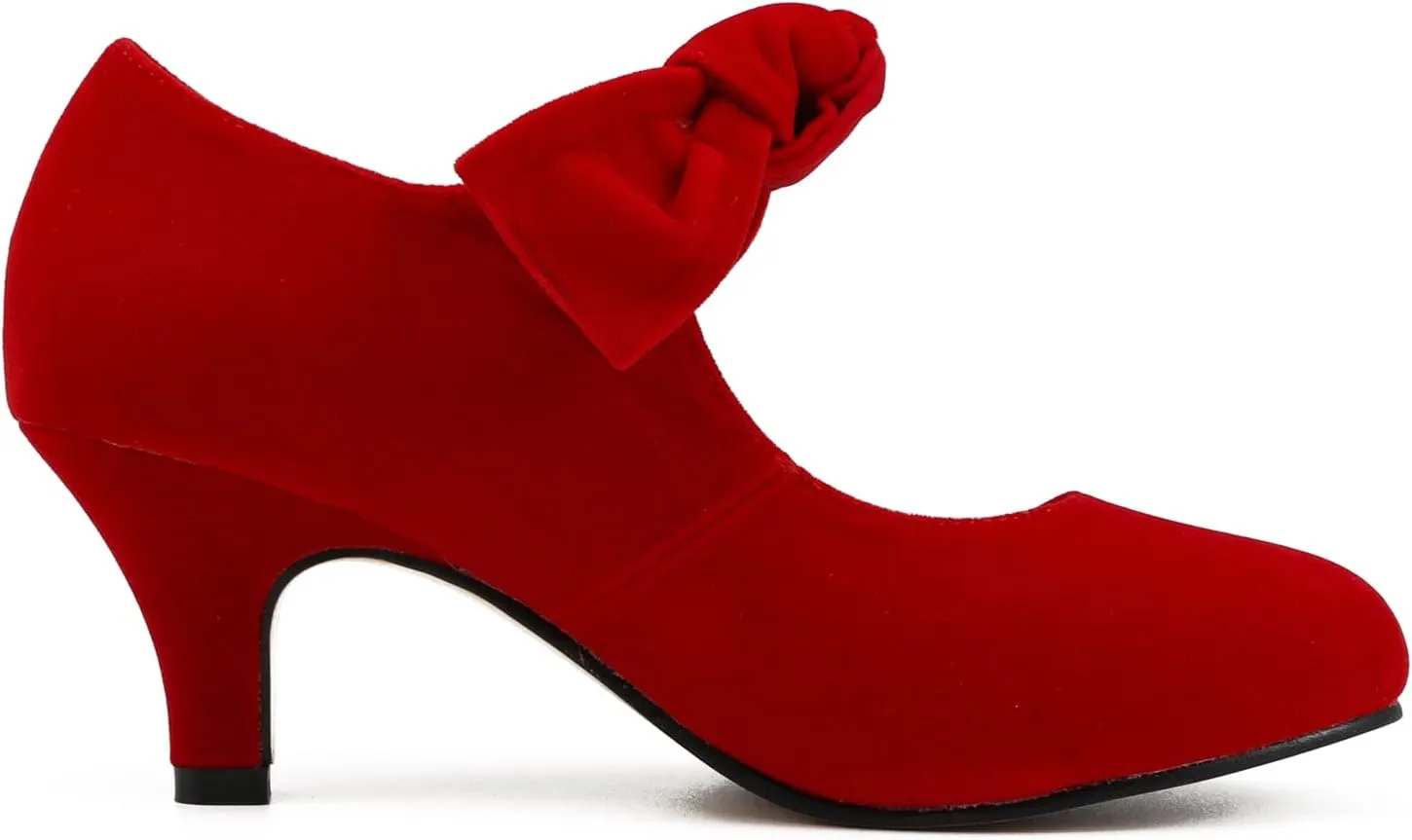 LIURUIJIA Women's Bow Heels Mary Jane Kitten Heel Pumps Round Toe Low Heels Ankle Strap Wedding Evening Party Dress Shoes