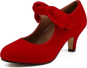 LIURUIJIA Women's Bow Heels Mary Jane Kitten Heel Pumps Round Toe Low Heels Ankle Strap Wedding Evening Party Dress Shoes