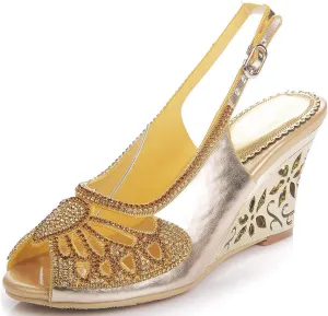 LizFoYa Women Open Toe Cutout Dress Sandals Rhinestone Butterfly Wedding Wedge Heels