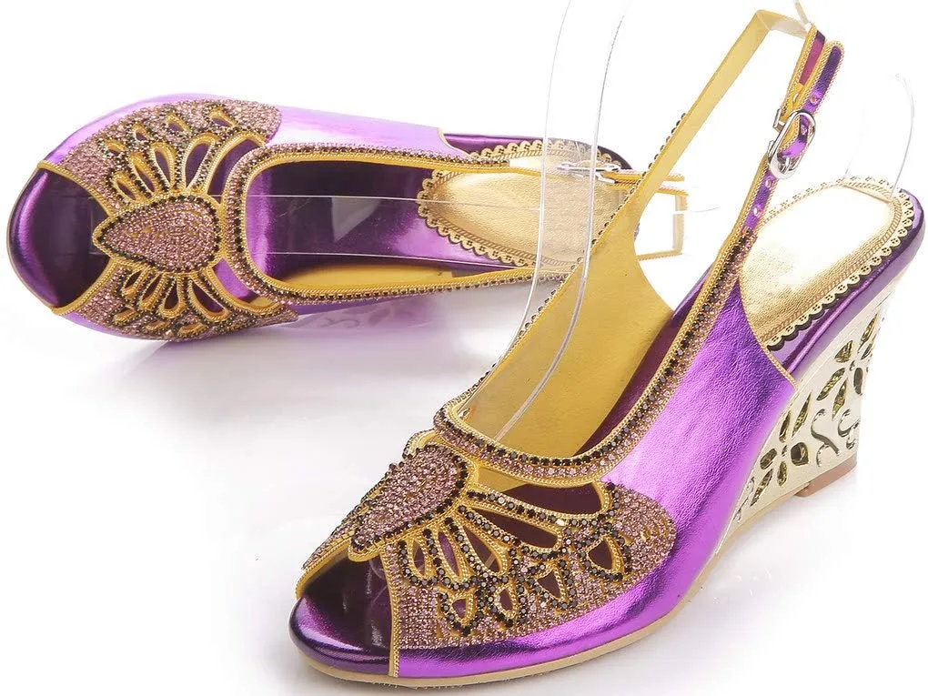 LizFoYa Women Open Toe Cutout Dress Sandals Rhinestone Butterfly Wedding Wedge Heels