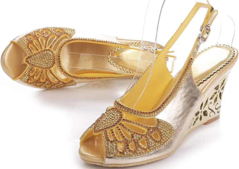 LizFoYa Women Open Toe Cutout Dress Sandals Rhinestone Butterfly Wedding Wedge Heels