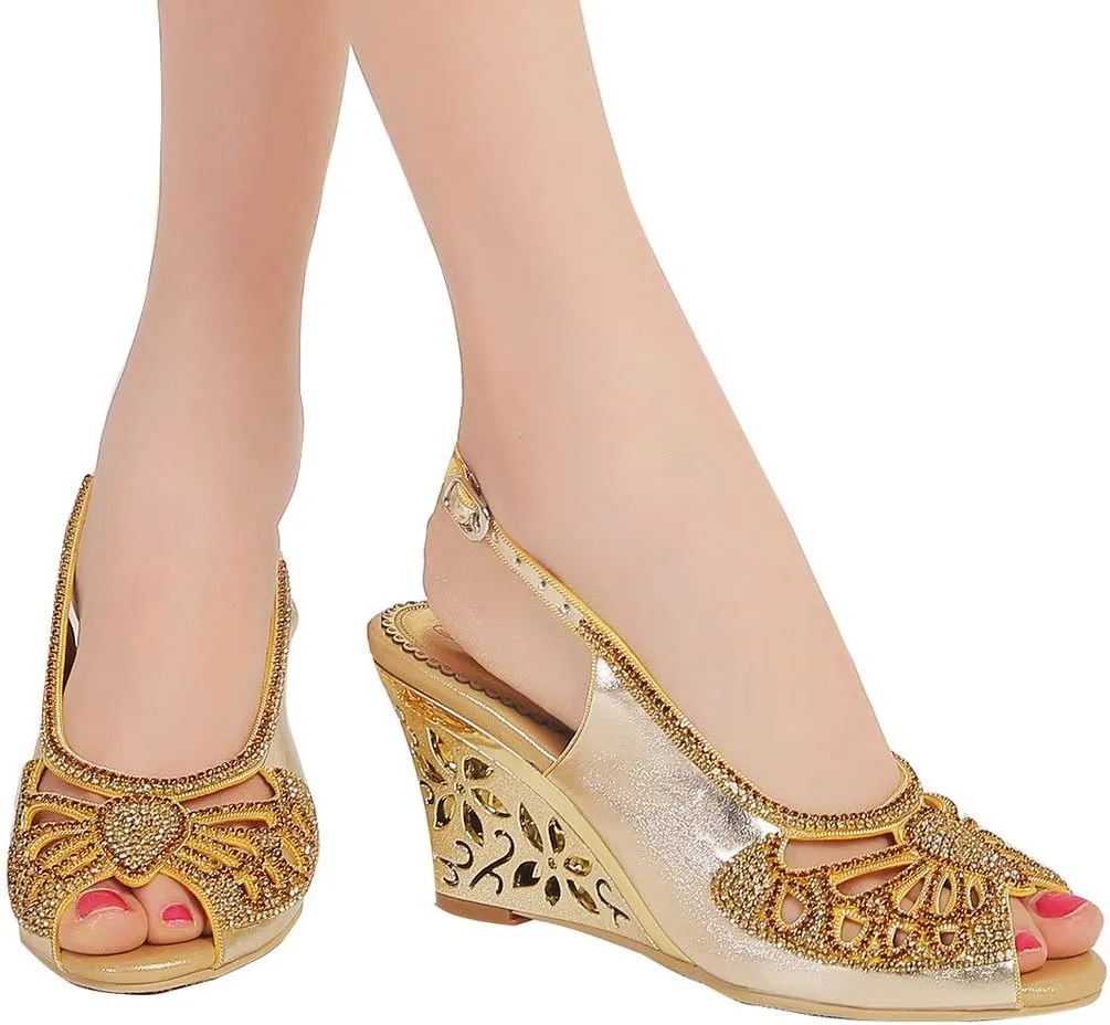 LizFoYa Women Open Toe Cutout Dress Sandals Rhinestone Butterfly Wedding Wedge Heels