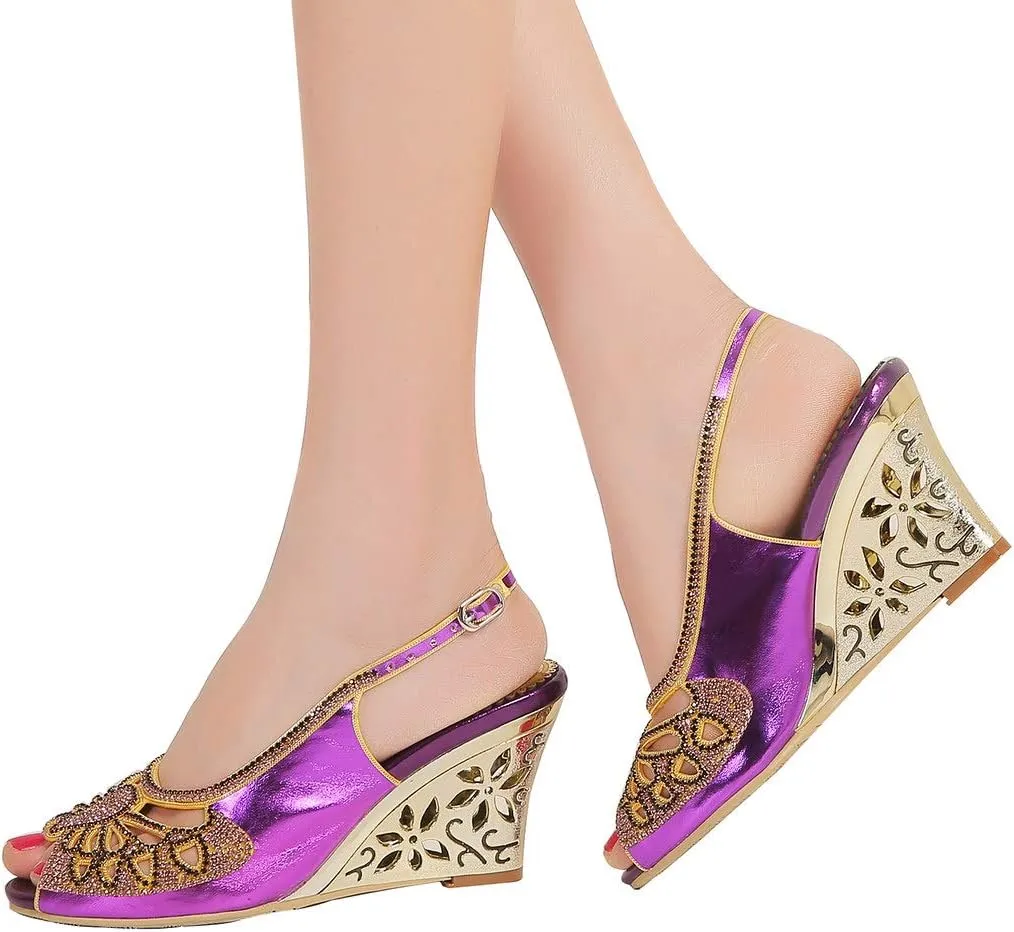 LizFoYa Women Open Toe Cutout Dress Sandals Rhinestone Butterfly Wedding Wedge Heels