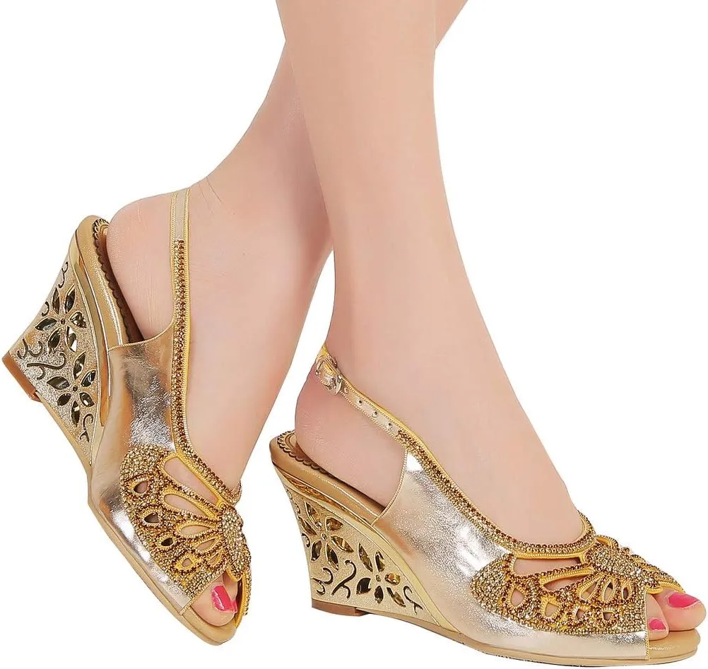 LizFoYa Women Open Toe Cutout Dress Sandals Rhinestone Butterfly Wedding Wedge Heels