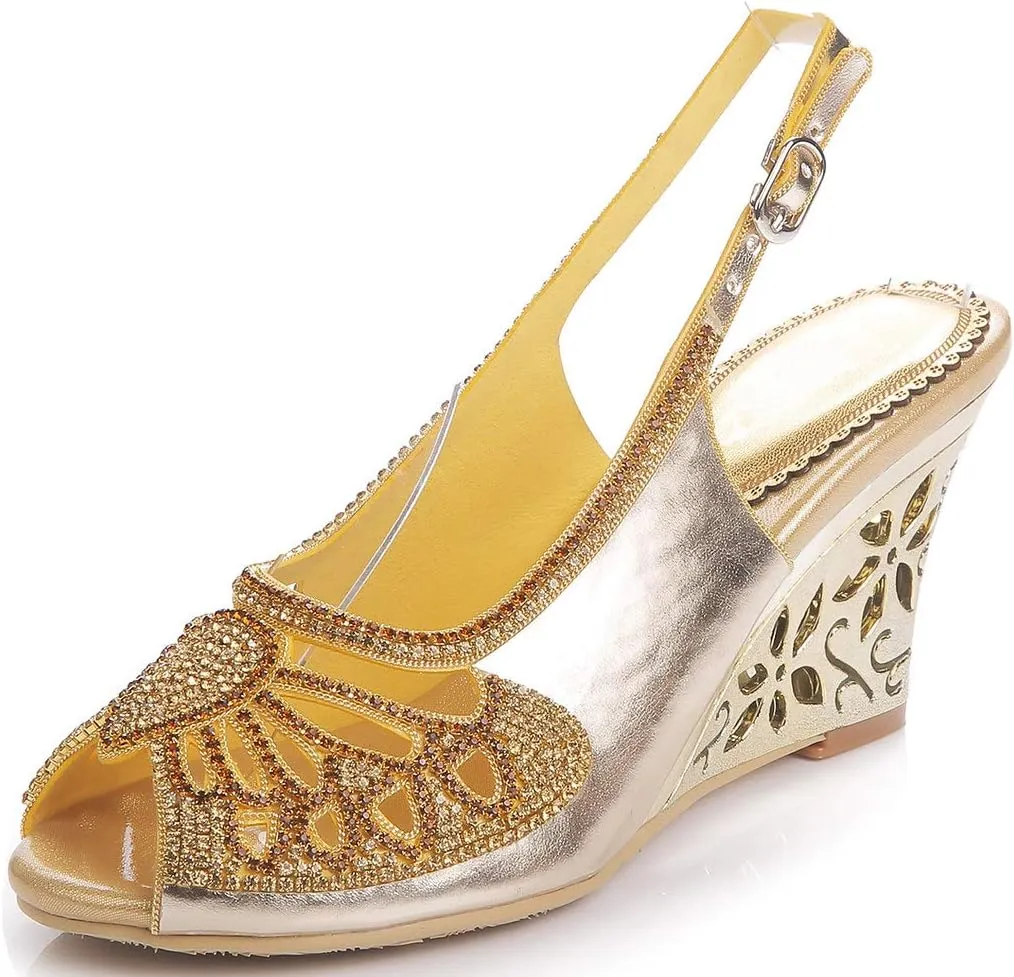 LizFoYa Women Open Toe Cutout Dress Sandals Rhinestone Butterfly Wedding Wedge Heels