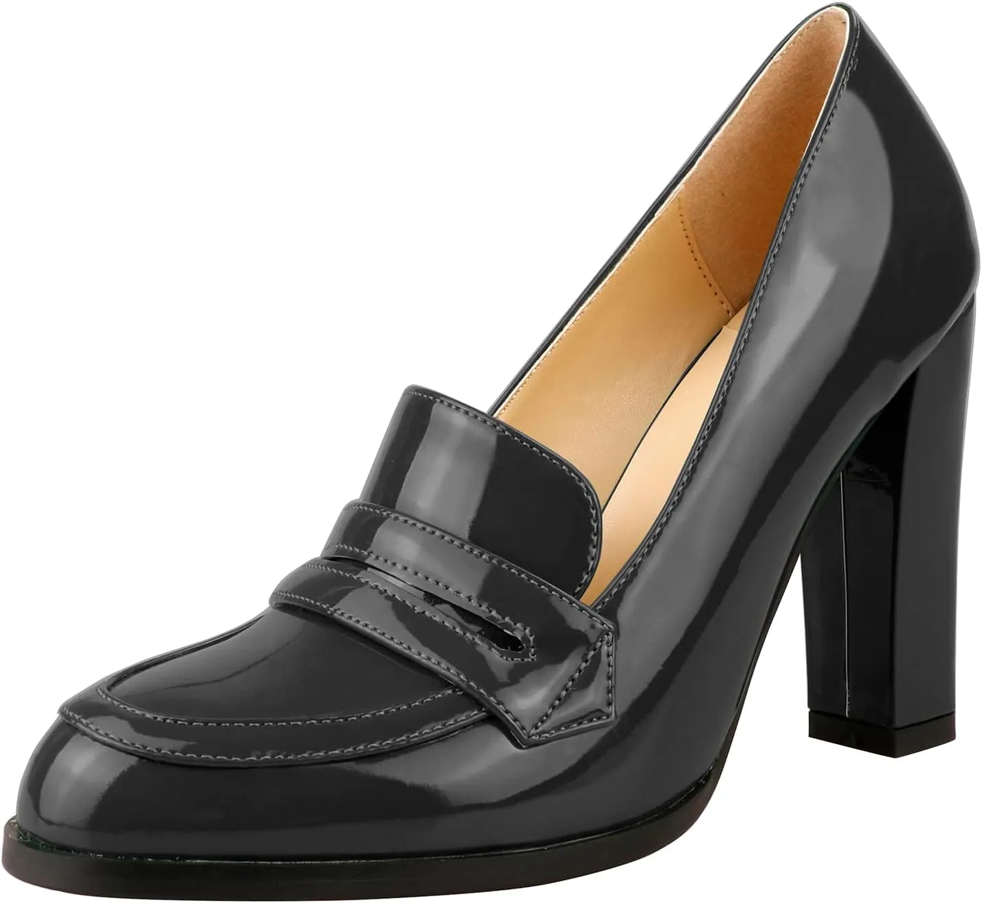 Lutalica W Women's Handmade Closed Round Toe Patent Leather Slip On Dressy Chunky High Heel Loafer Pumps Shoes for Work Party Evening Black Size 8