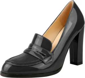 Lutalica W Women's Handmade Closed Round Toe Patent Leather Slip On Dressy Chunky High Heel Loafer Pumps Shoes for Work Party Evening Black Size 8