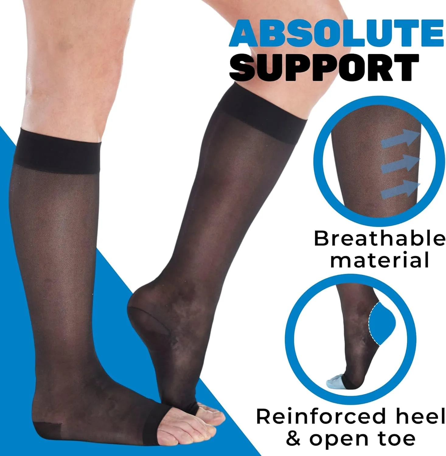 Made in USA - Wide Calves Womens Compression Stockings for Circulation 15-20mmHg - Toeless Compression Knee High Support Socks for Travel, Nursing, Sports, Athletic - Black, 2X-Large - A111BL5