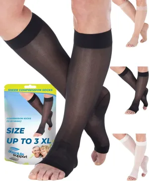 Made in USA - Wide Calves Womens Compression Stockings for Circulation 15-20mmHg - Toeless Compression Knee High Support Socks for Travel, Nursing, Sports, Athletic - Black, 2X-Large - A111BL5