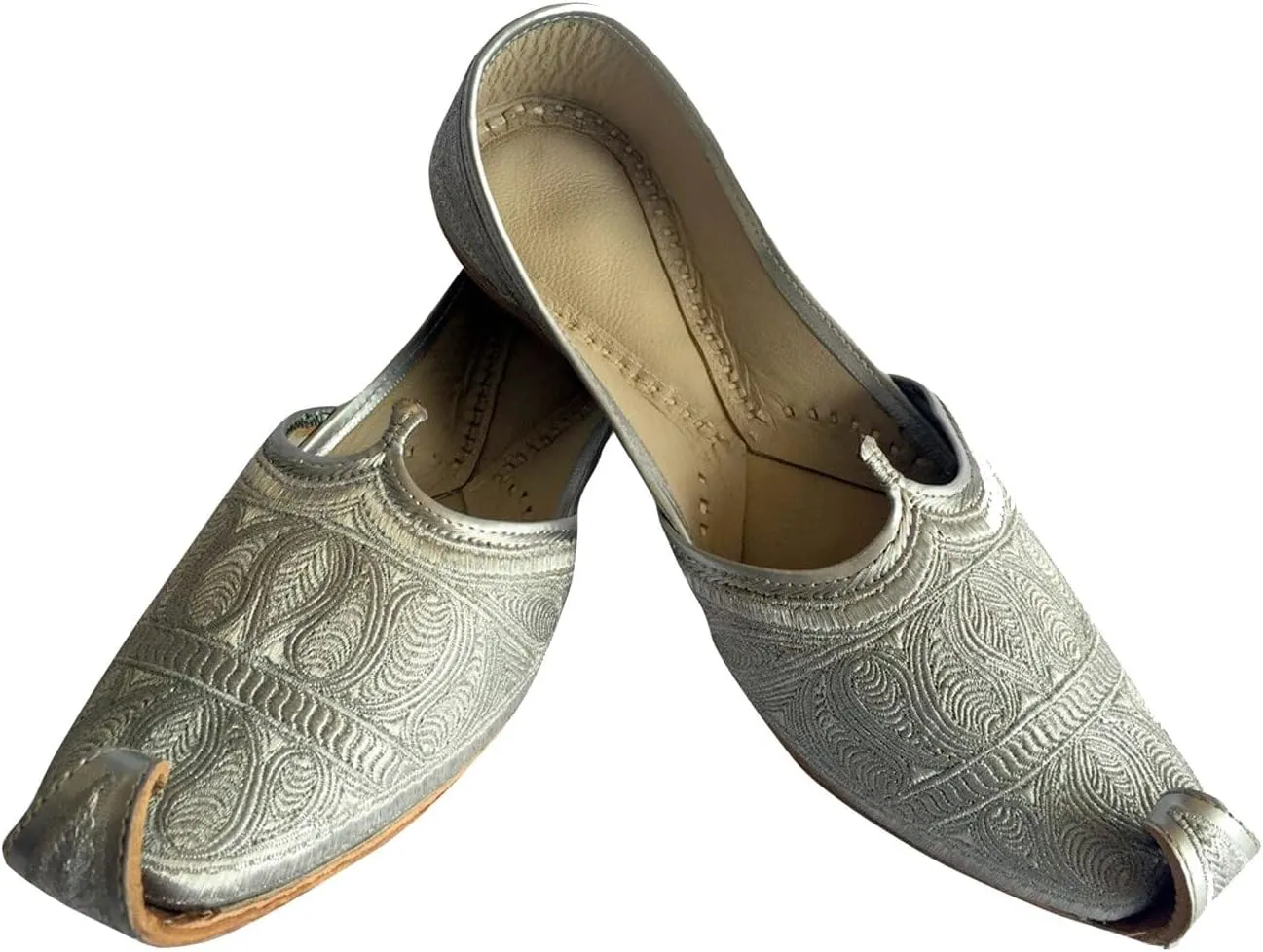 Men's Flat Full Silver Zari Khussa Shoes Traditional Indian Leather Loafer Punjabi Jutti