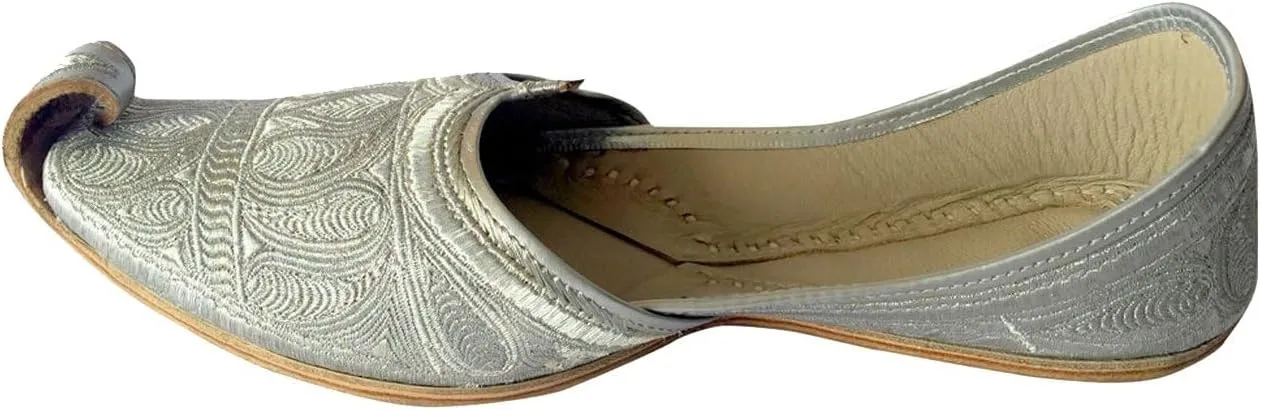 Men's Flat Full Silver Zari Khussa Shoes Traditional Indian Leather Loafer Punjabi Jutti