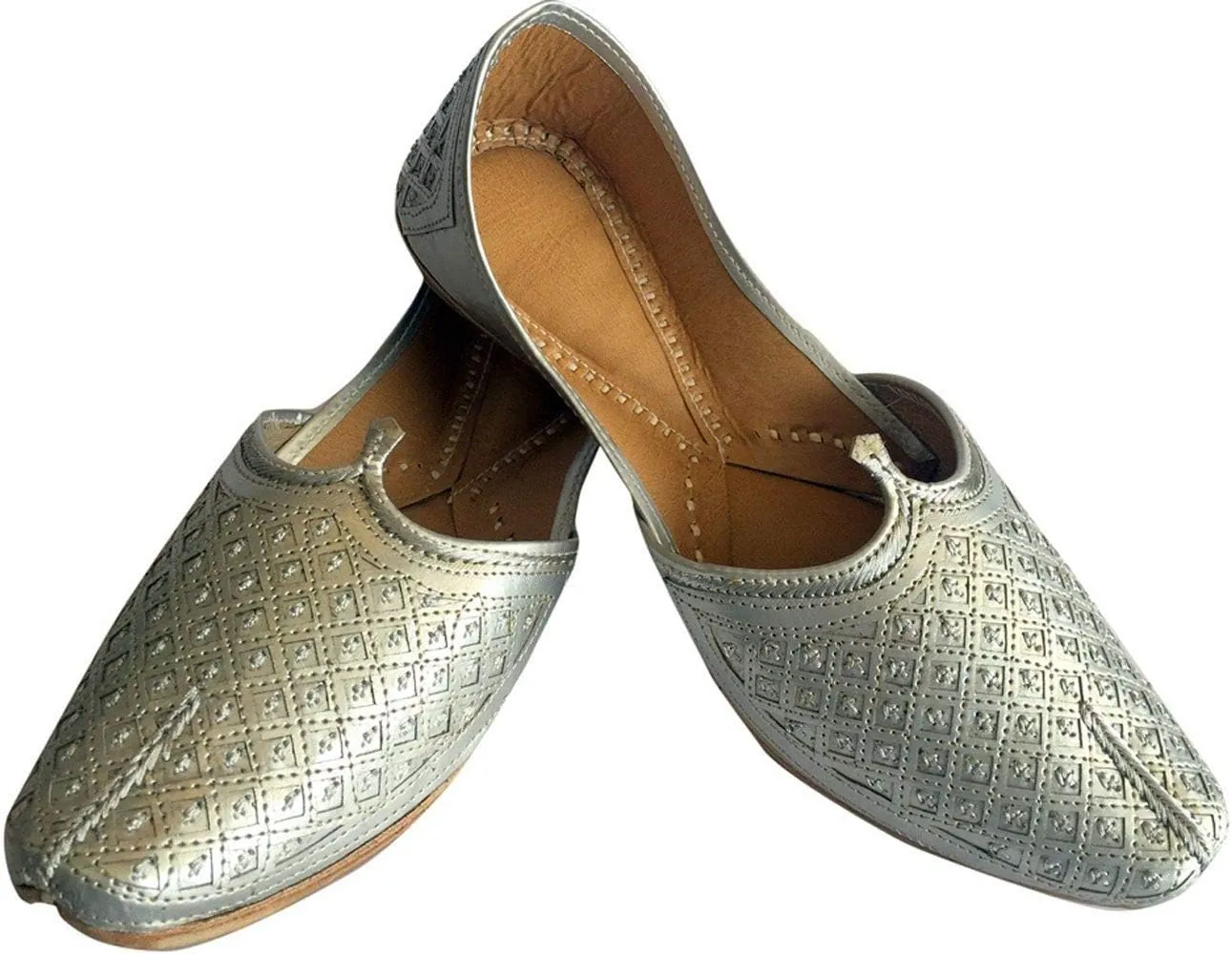 Men's Flat Silver Wedding Khussa Shoes Traditional Indian Leather Loafer Punjabi Jutti