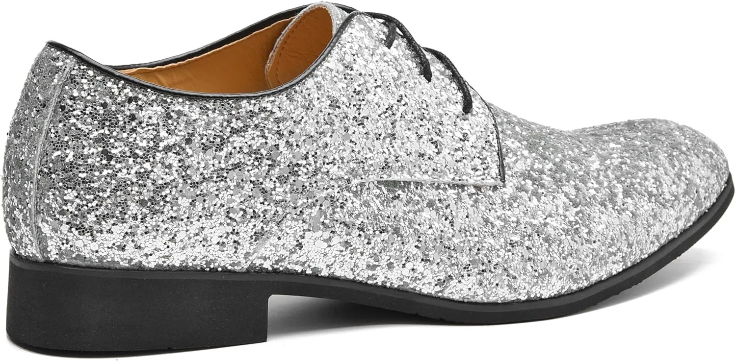 Men's Glitter Oxford Dress Shoes Loafer Burgundy, Lace-up Design,Sparkly Glitter Encrusted for Wedding Prom Black Golden Silver Wine red