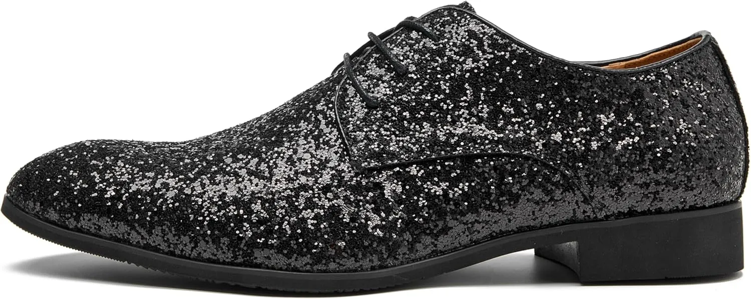 Men's Glitter Oxford Dress Shoes Loafer Burgundy, Lace-up Design,Sparkly Glitter Encrusted for Wedding Prom Black Golden Silver Wine red