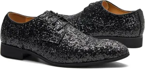 Men's Glitter Oxford Dress Shoes Loafer Burgundy, Lace-up Design,Sparkly Glitter Encrusted for Wedding Prom Black Golden Silver Wine red