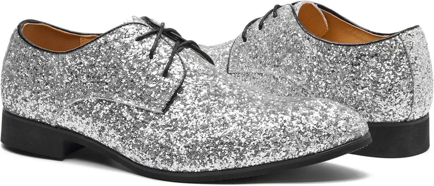 Men's Glitter Oxford Dress Shoes Loafer Burgundy, Lace-up Design,Sparkly Glitter Encrusted for Wedding Prom Black Golden Silver Wine red