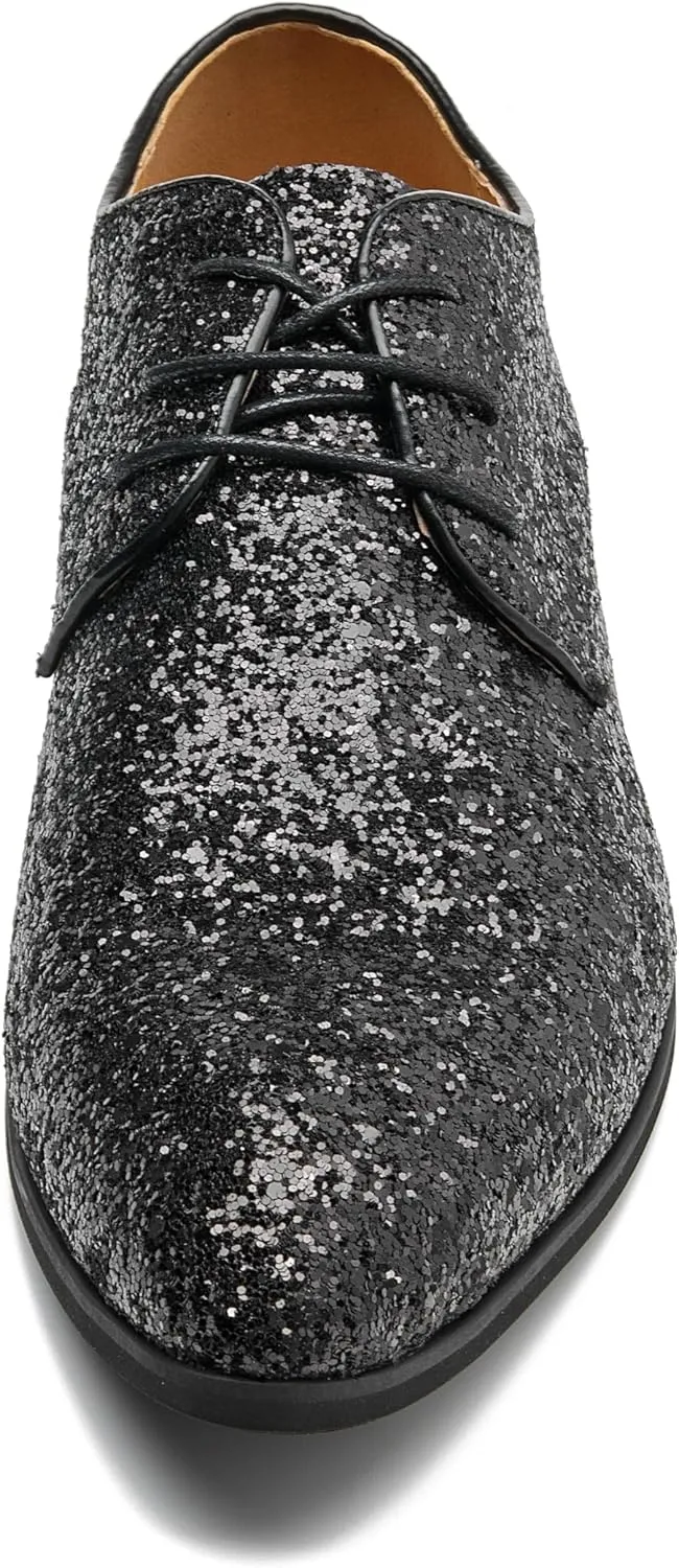 Men's Glitter Oxford Dress Shoes Loafer Burgundy, Lace-up Design,Sparkly Glitter Encrusted for Wedding Prom Black Golden Silver Wine red