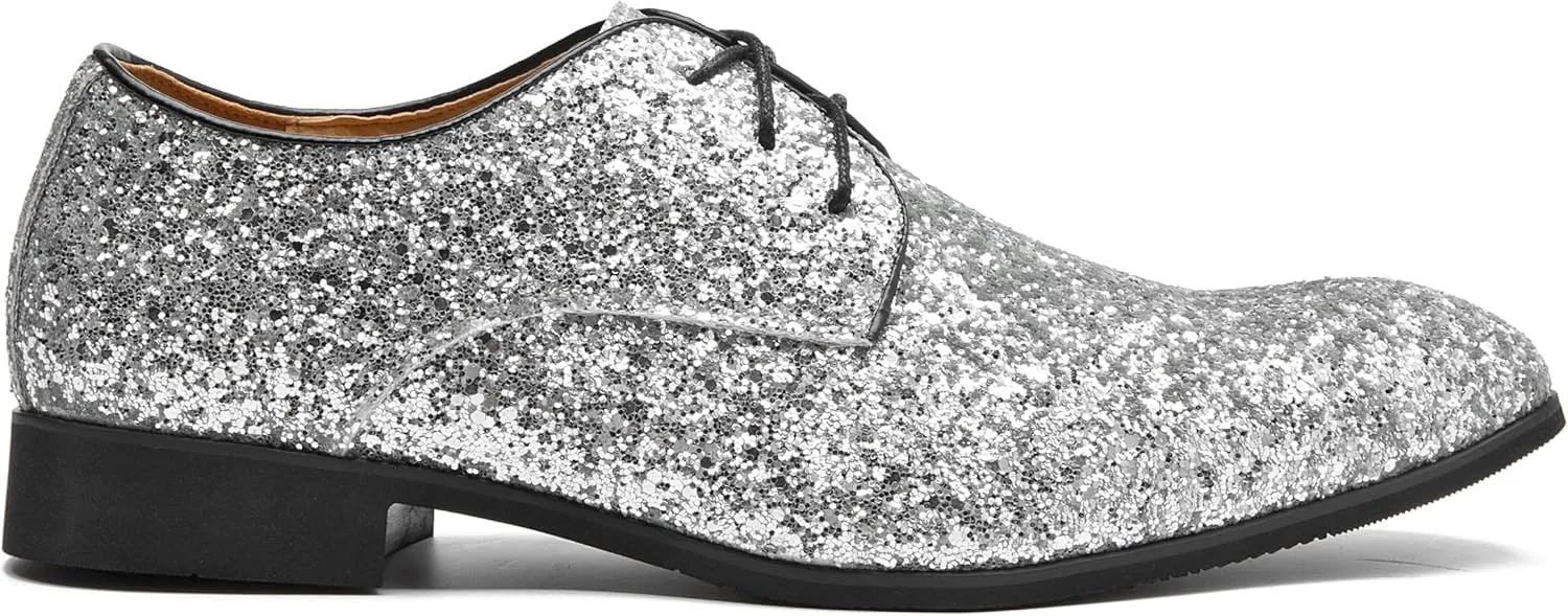 Men's Glitter Oxford Dress Shoes Loafer Burgundy, Lace-up Design,Sparkly Glitter Encrusted for Wedding Prom Black Golden Silver Wine red