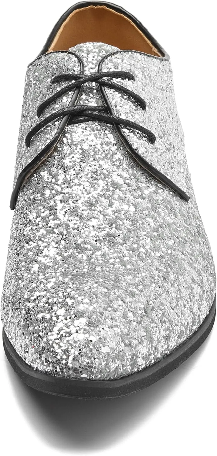Men's Glitter Oxford Dress Shoes Loafer Burgundy, Lace-up Design,Sparkly Glitter Encrusted for Wedding Prom Black Golden Silver Wine red
