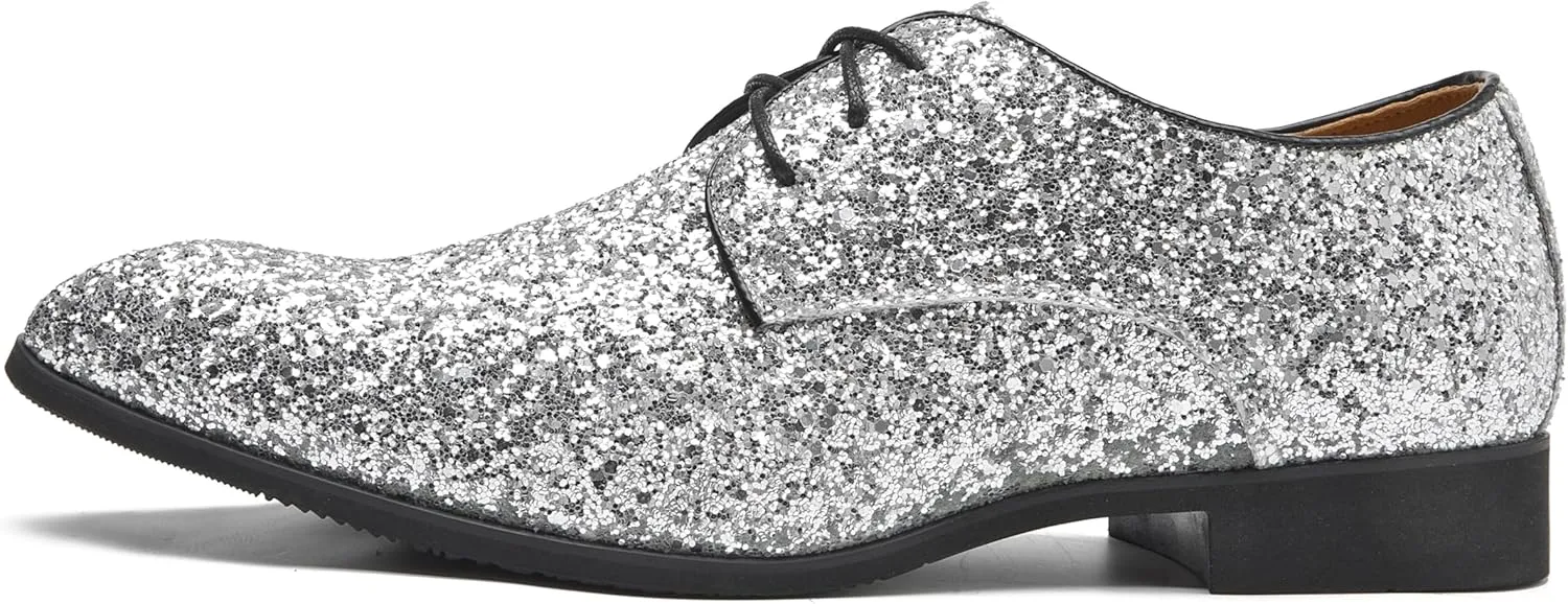 Men's Glitter Oxford Dress Shoes Loafer Burgundy, Lace-up Design,Sparkly Glitter Encrusted for Wedding Prom Black Golden Silver Wine red