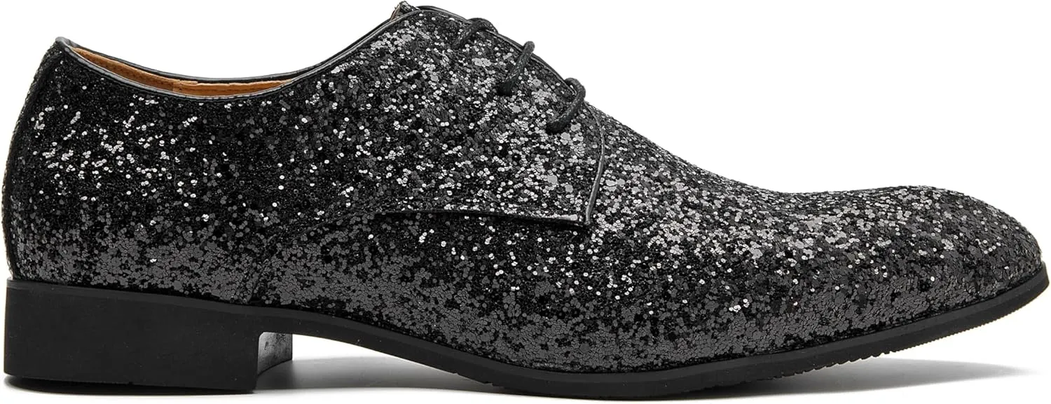 Men's Glitter Oxford Dress Shoes Loafer Burgundy, Lace-up Design,Sparkly Glitter Encrusted for Wedding Prom Black Golden Silver Wine red