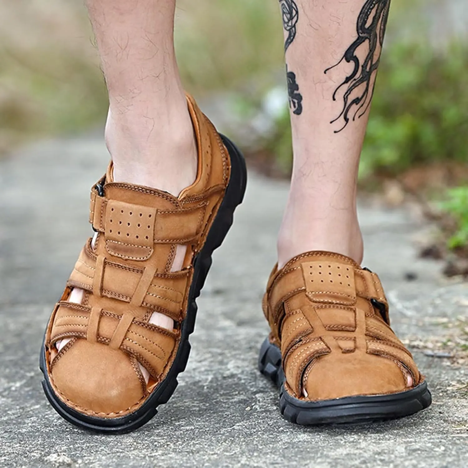 Men's Sandals Leather Closed Toe Beach Outdoor Summer Sport Hiking Sandals Size 6-11