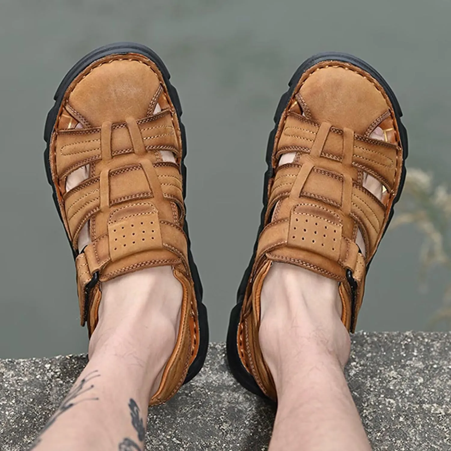 Men's Sandals Leather Closed Toe Beach Outdoor Summer Sport Hiking Sandals Size 6-11