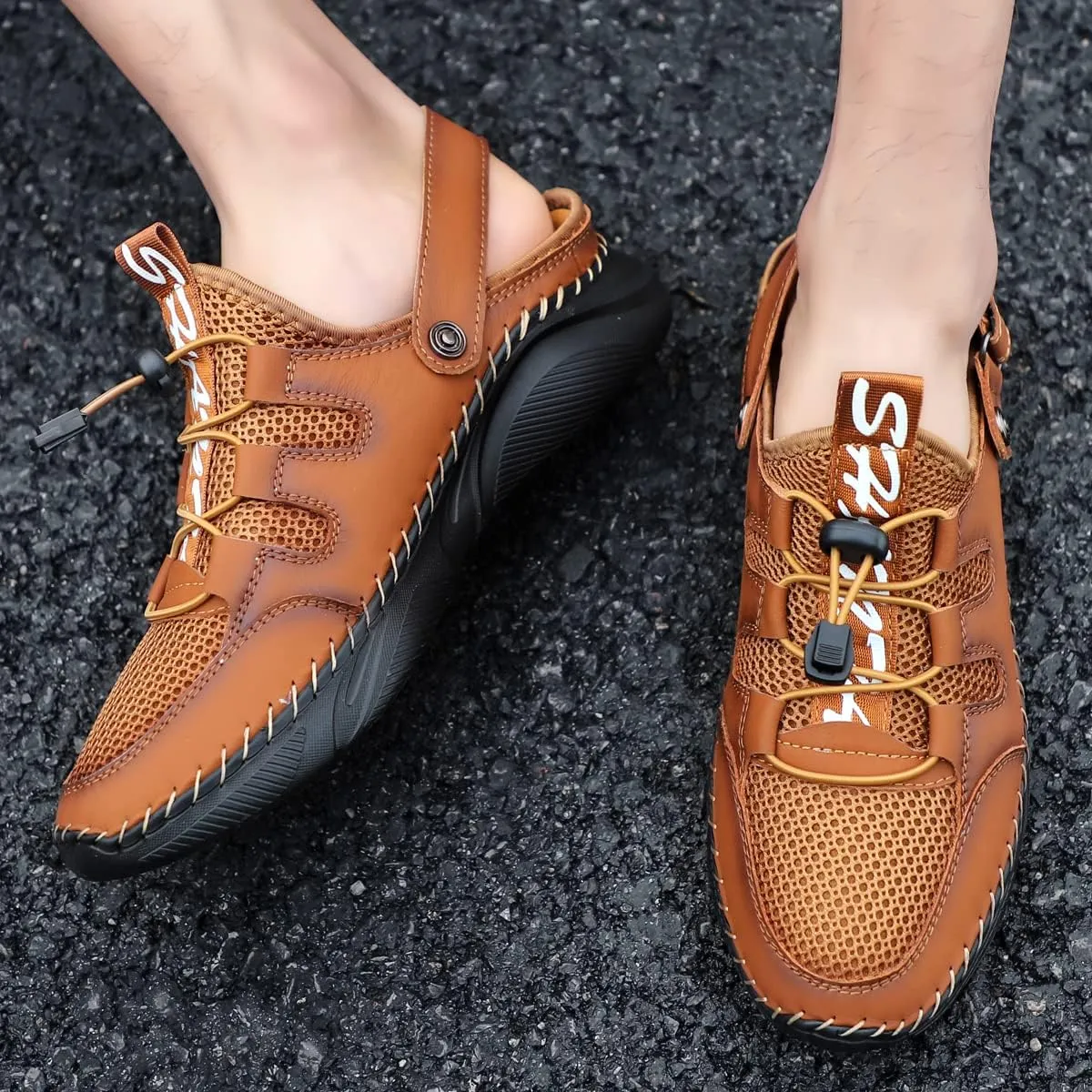 Mens Sandals with Arch Support Plantar Fasciitis Slip On Sport Slides Comfy Leather Shoes Outdoor Indoor Adjustable Straps