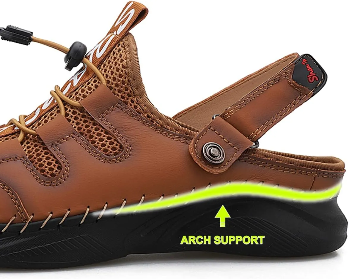 Mens Sandals with Arch Support Plantar Fasciitis Slip On Sport Slides Comfy Leather Shoes Outdoor Indoor Adjustable Straps