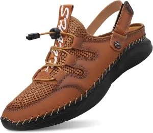 Mens Sandals with Arch Support Plantar Fasciitis Slip On Sport Slides Comfy Leather Shoes Outdoor Indoor Adjustable Straps