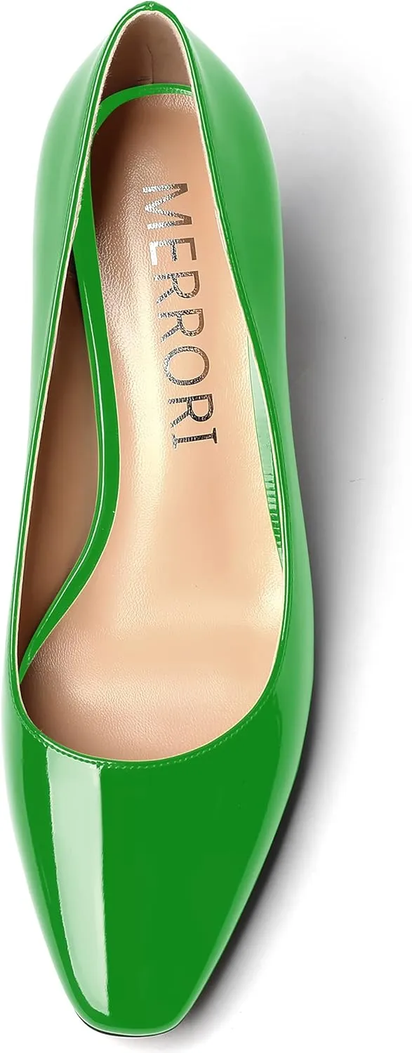 MERRORI Women's Patent Square Toe Slip On Solid Stiletto Mid Heel Pumps Shoes 2.5 Inch