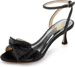 Milooey shoes Womens Glitter Rhinestone Bow Heeled Sandal Elegant Crystal Ankle Strap Kitten Heels Open Toe Dress Wedding Party Evening Shoe Size 4-16 US