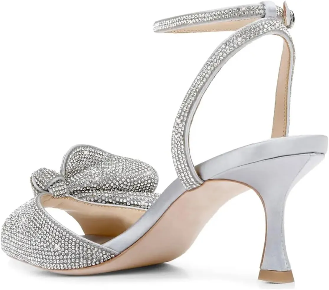 Milooey shoes Womens Glitter Rhinestone Bow Heeled Sandal Elegant Crystal Ankle Strap Kitten Heels Open Toe Dress Wedding Party Evening Shoe Size 4-16 US